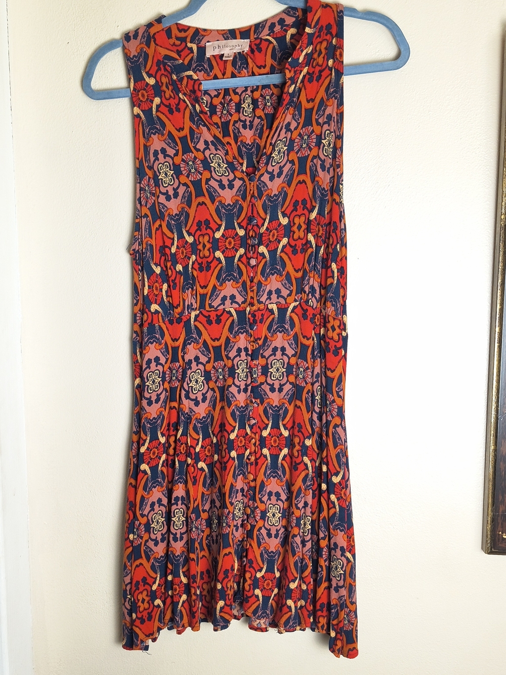 Button front red and blue boho sleeveless mini dress - Picture 8 of 11